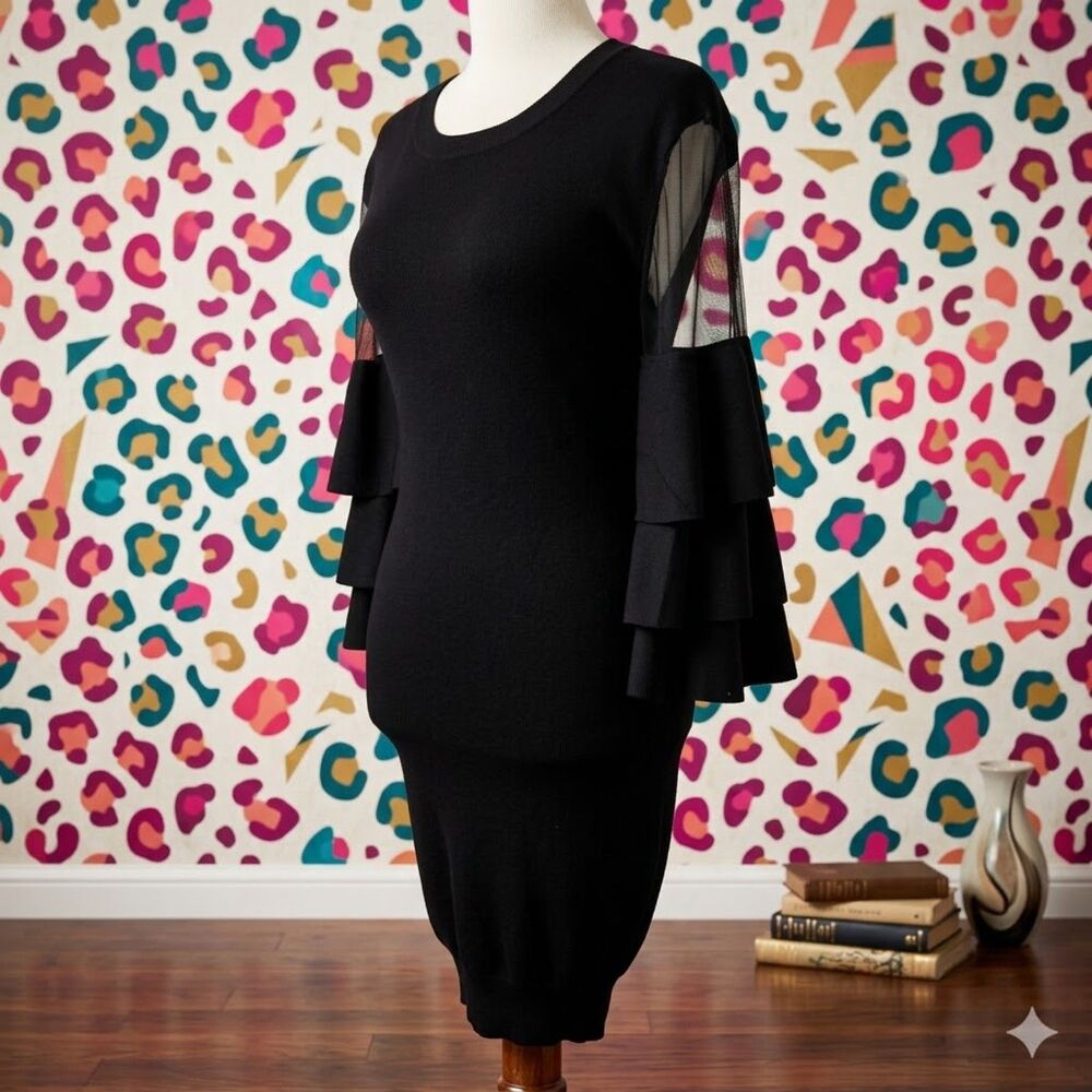Jealous Tomato Black Ruffle Sleeve Mesh Bodycon Sweater Dress LBD (Size M)